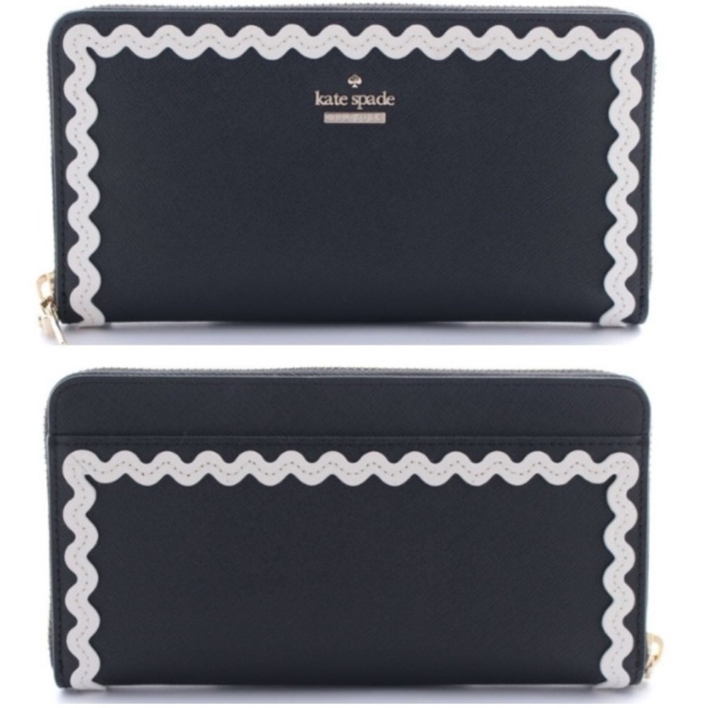 KATE SPADE Devin Court Lacey zip around wallet. Black & white.